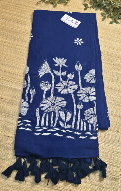 Mohini | Blue Mul Mul Cotton Saree with Kantha Hand Embroidery