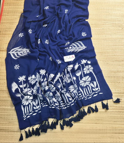 Mohini | Blue Mul Mul Cotton Saree with Kantha Hand Embroidery