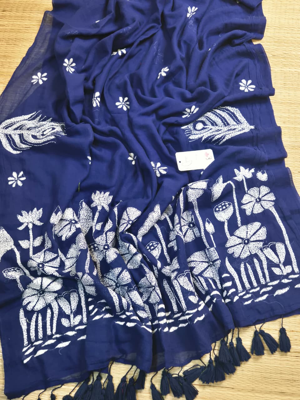 Mohini | Blue Mul Mul Cotton Saree with Kantha Hand Embroidery