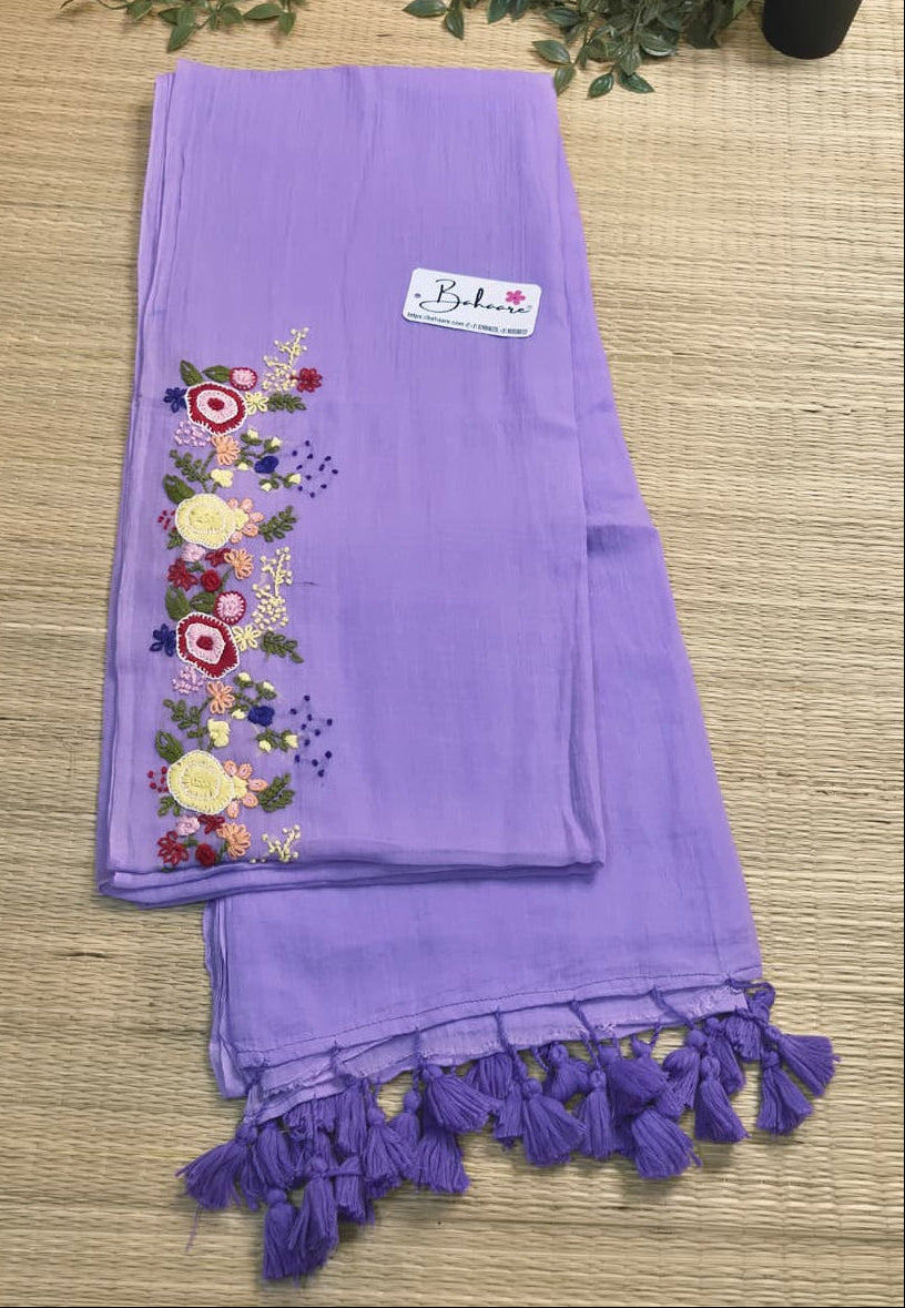 Mohini | Lavender Dream Mul Mul Cotton Saree with Handcrafted Bullion Stich on Front Top Part