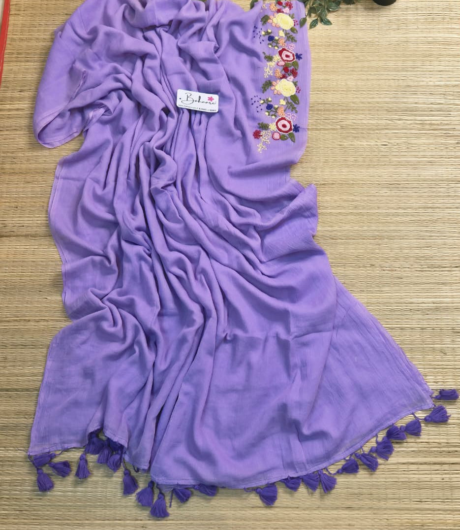 Mohini | Lavender Dream Mul Mul Cotton Saree with Handcrafted Bullion Stich on Front Top Part