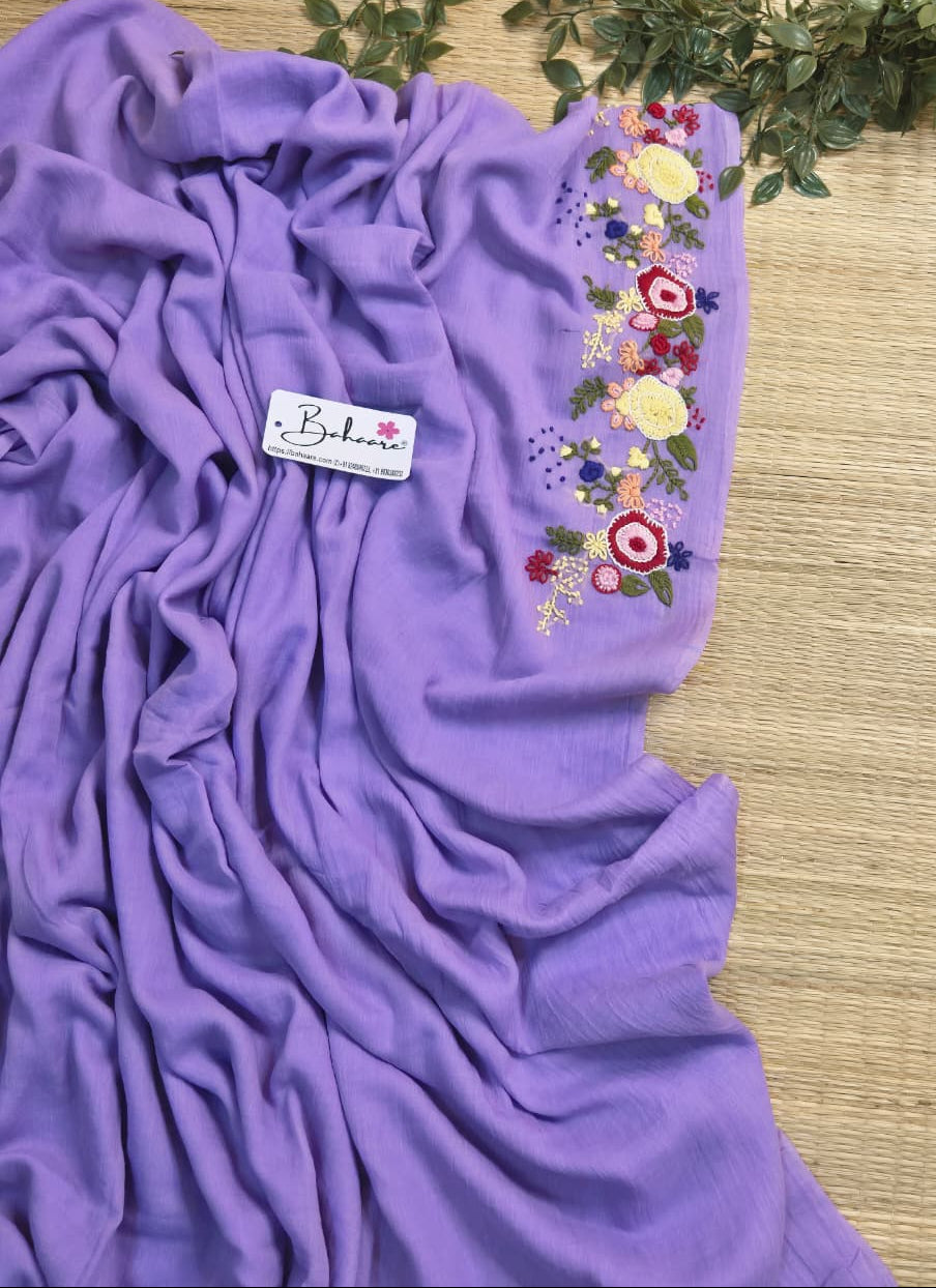 Mohini | Lavender Dream Mul Mul Cotton Saree with Handcrafted Bullion Stich on Front Top Part