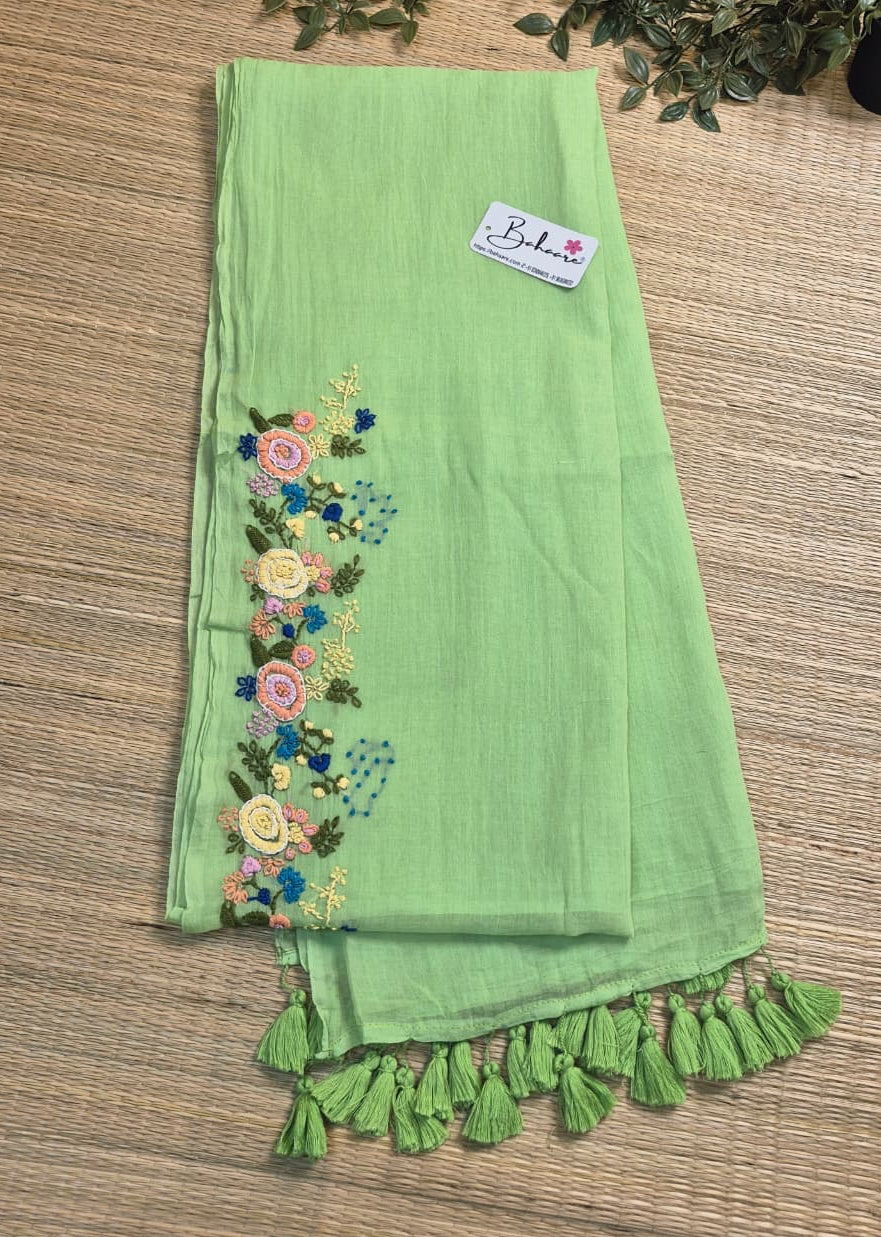 Mohini | Mint Blossom Mul Mul Cotton Saree with Handcrafted Bullion Stich on Front Top Part