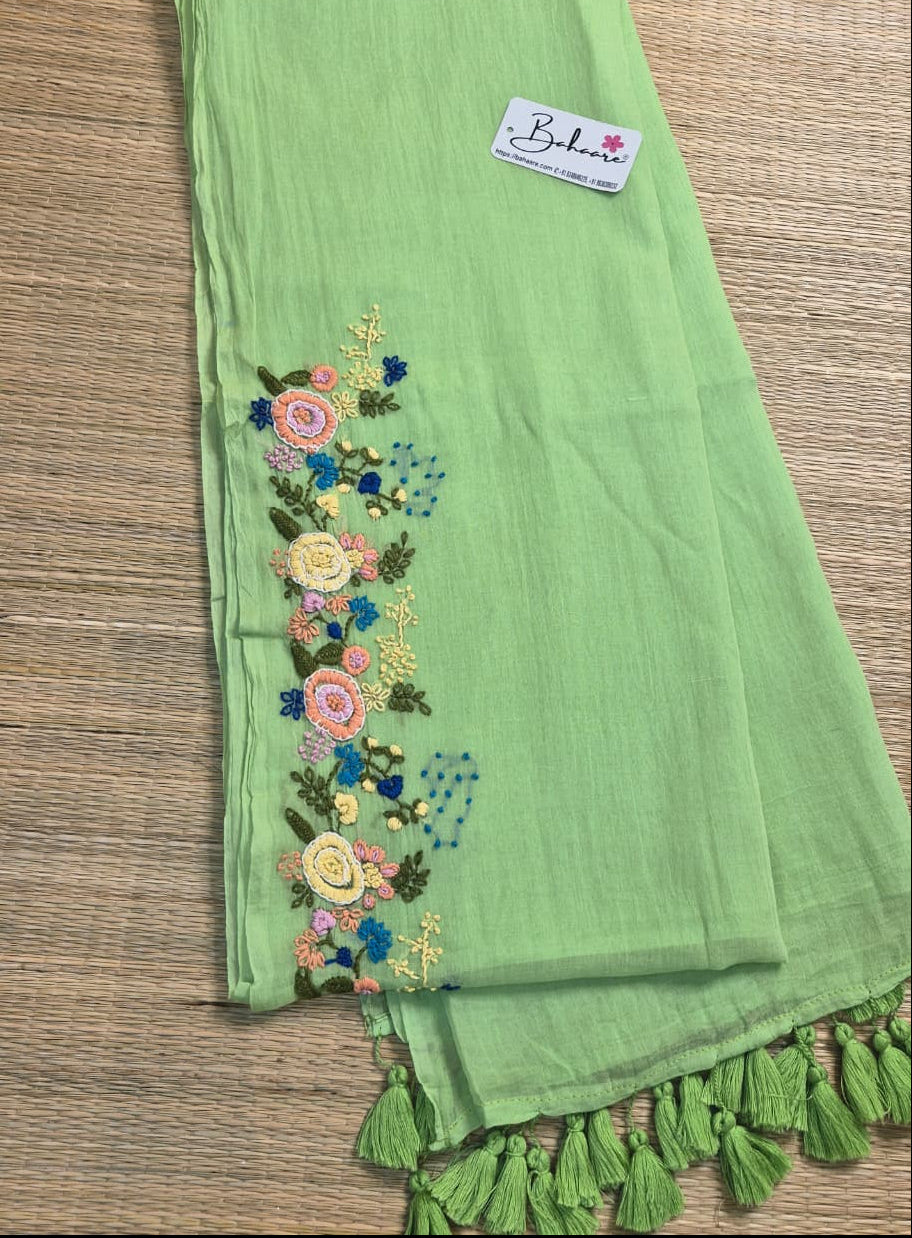 Mohini | Mint Blossom Mul Mul Cotton Saree with Handcrafted Bullion Stich on Front Top Part