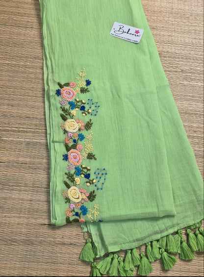Mohini | Mint Blossom Mul Mul Cotton Saree with Handcrafted Bullion Stich on Front Top Part
