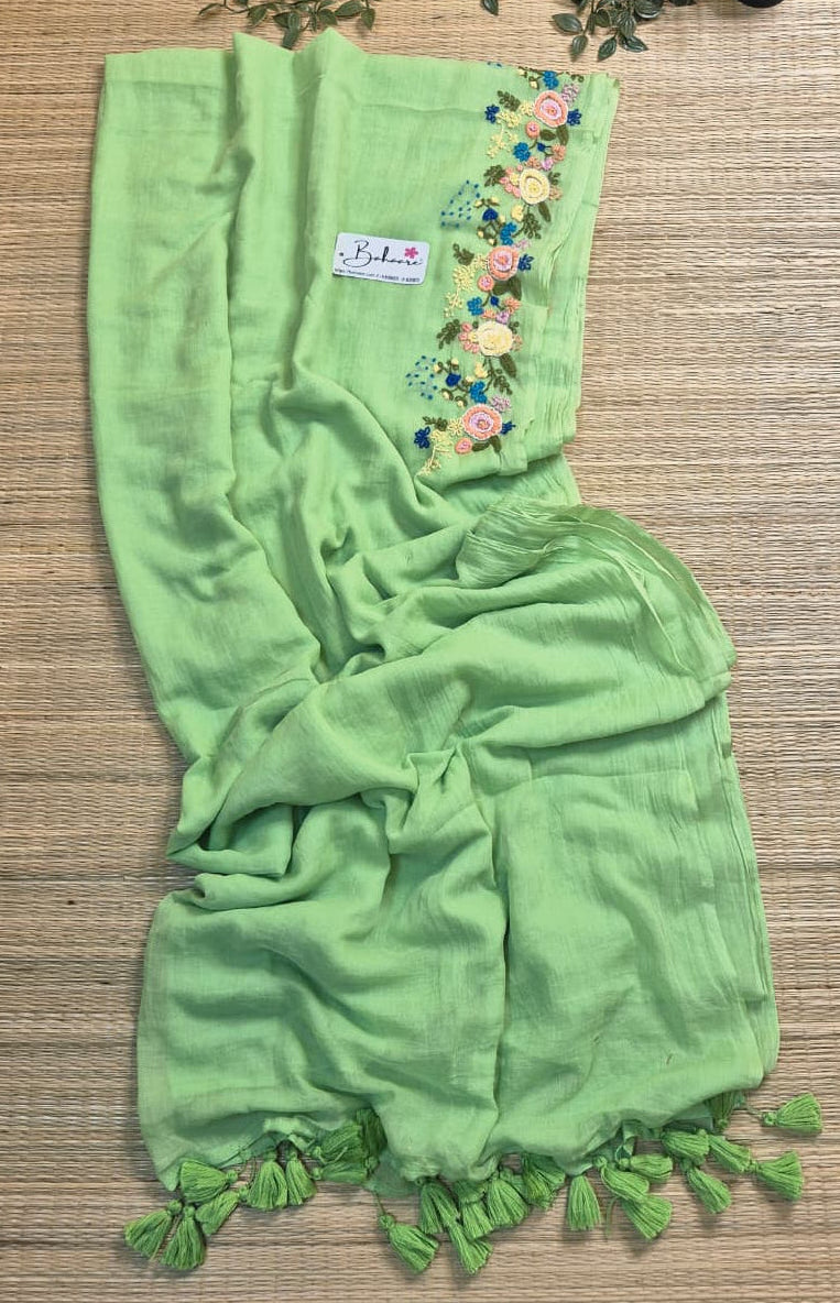 Mohini | Mint Blossom Mul Mul Cotton Saree with Handcrafted Bullion Stich on Front Top Part