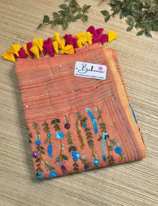 Mohini | Orange Flame Dual Tone Mul Mul Cotton Saree with Handcrafted Bullion Stich