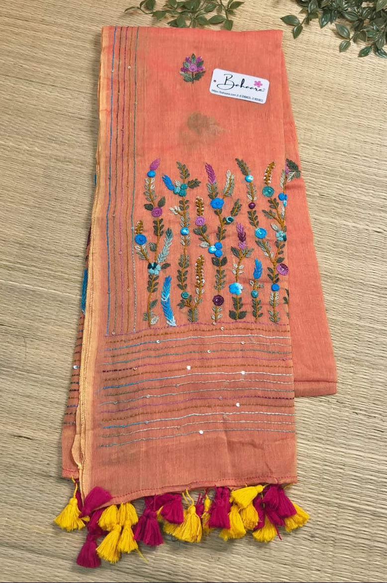 Mohini | Orange Flame Dual Tone Mul Mul Cotton Saree with Handcrafted Bullion Stich