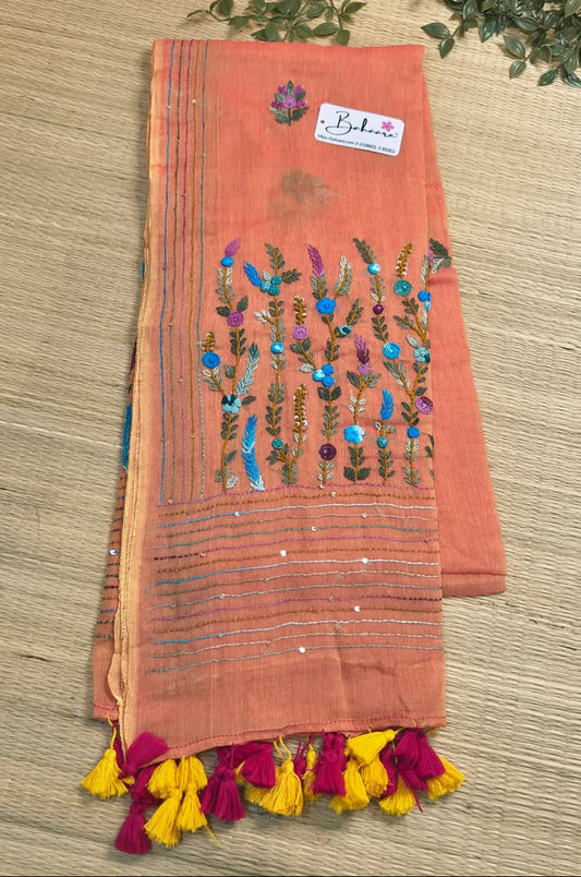 Mohini | Orange Flame Dual Tone Mul Mul Cotton Saree with Handcrafted Bullion Stich