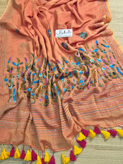 Mohini | Orange Flame Dual Tone Mul Mul Cotton Saree with Handcrafted Bullion Stich