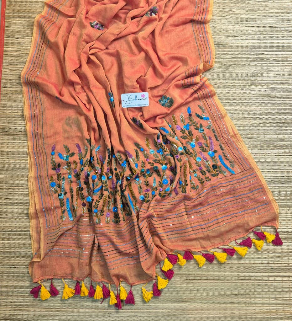 Mohini | Orange Flame Dual Tone Mul Mul Cotton Saree with Handcrafted Bullion Stich