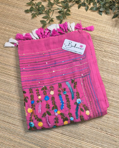 Mohini | Rose Radiance Mul Mul Cotton Saree with Handcrafted Bullion Stich