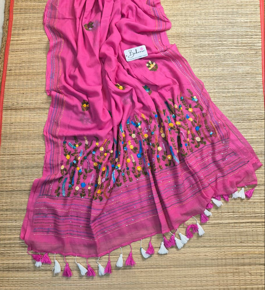 Mohini | Rose Radiance Mul Mul Cotton Saree with Handcrafted Bullion Stich