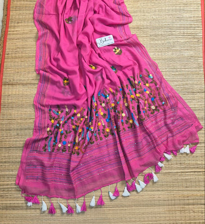 Mohini | Rose Radiance Mul Mul Cotton Saree with Handcrafted Bullion Stich