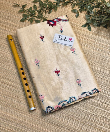 Cotton Galleria | Traditional Beige Chanderi Cotton-Silk Saree with Heritage Kantha Motif