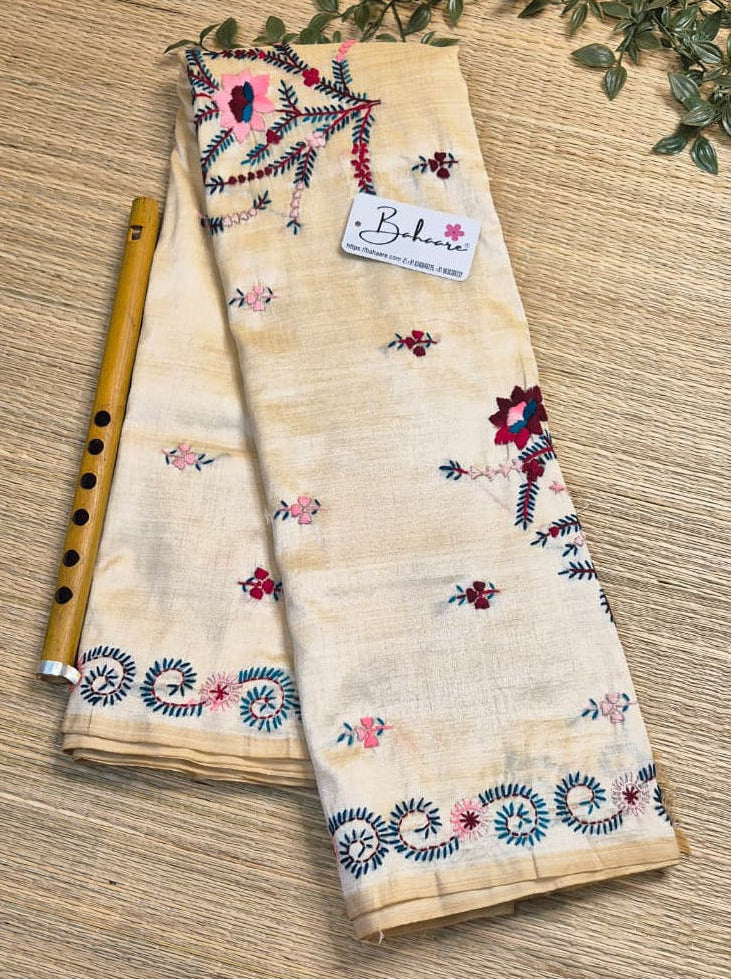 Cotton Galleria | Traditional Beige Chanderi Cotton-Silk Saree with Heritage Kantha Motif