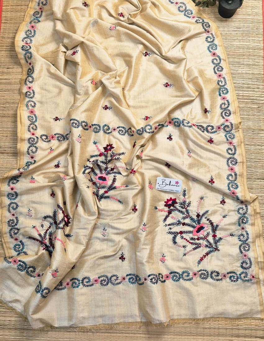 Cotton Galleria | Traditional Beige Chanderi Cotton-Silk Saree with Heritage Kantha Motif