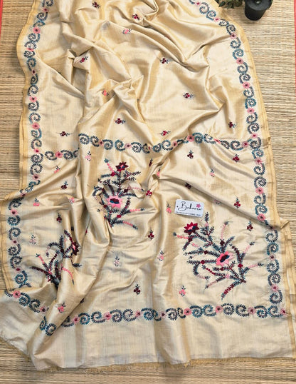 Cotton Galleria | Traditional Beige Chanderi Cotton-Silk Saree with Heritage Kantha Motif