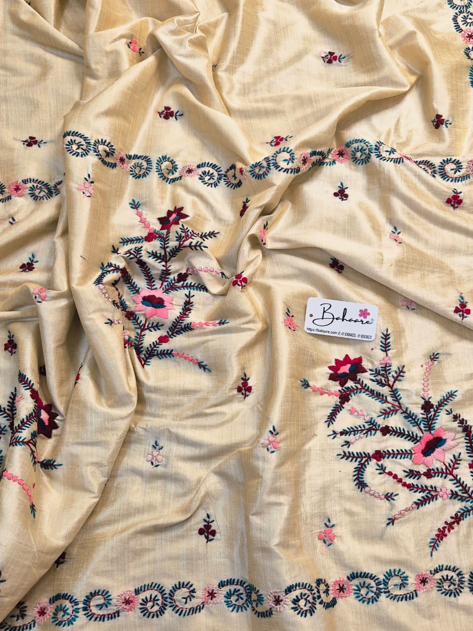 Cotton Galleria | Traditional Beige Chanderi Cotton-Silk Saree with Heritage Kantha Motif