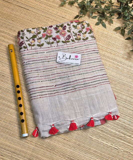 Woodland Whispers | Sandy Beige Linen Saree with Handcrafted Bullion Stich