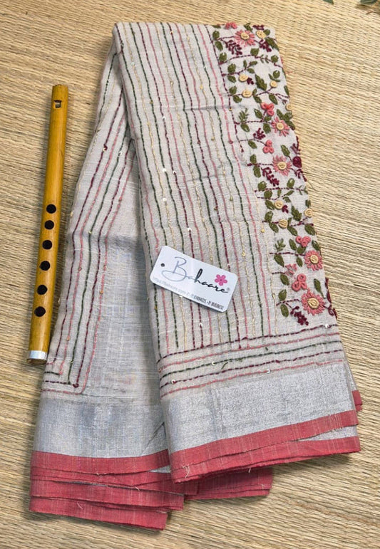 Woodland Whispers | Sandy Beige Linen Saree with Handcrafted Bullion Stich