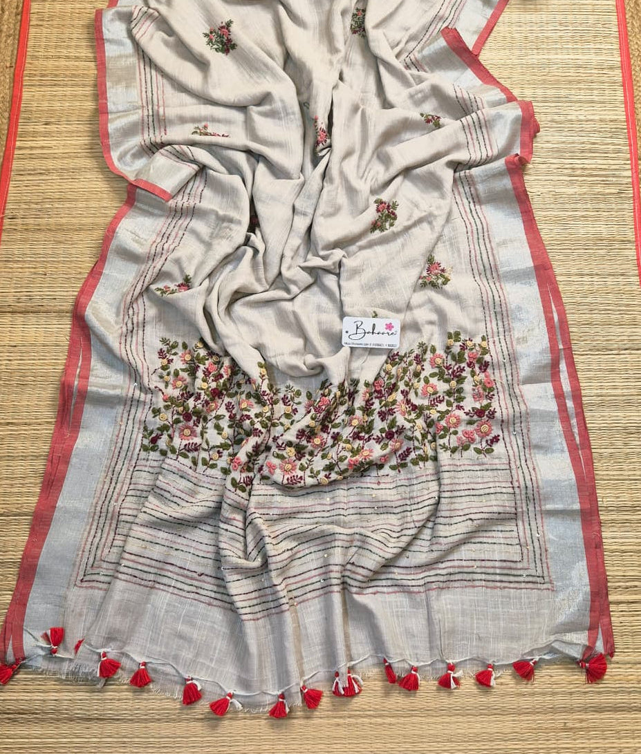 Woodland Whispers | Sandy Beige Linen Saree with Handcrafted Bullion Stich