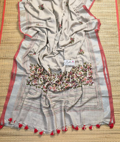 Woodland Whispers | Sandy Beige Linen Saree with Handcrafted Bullion Stich