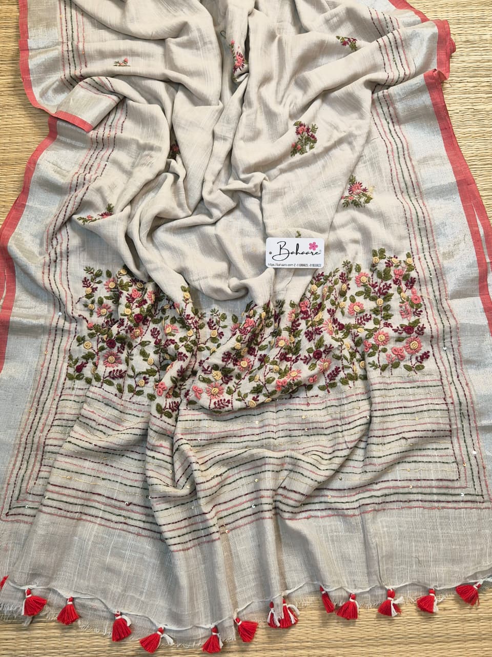 Woodland Whispers | Sandy Beige Linen Saree with Handcrafted Bullion Stich