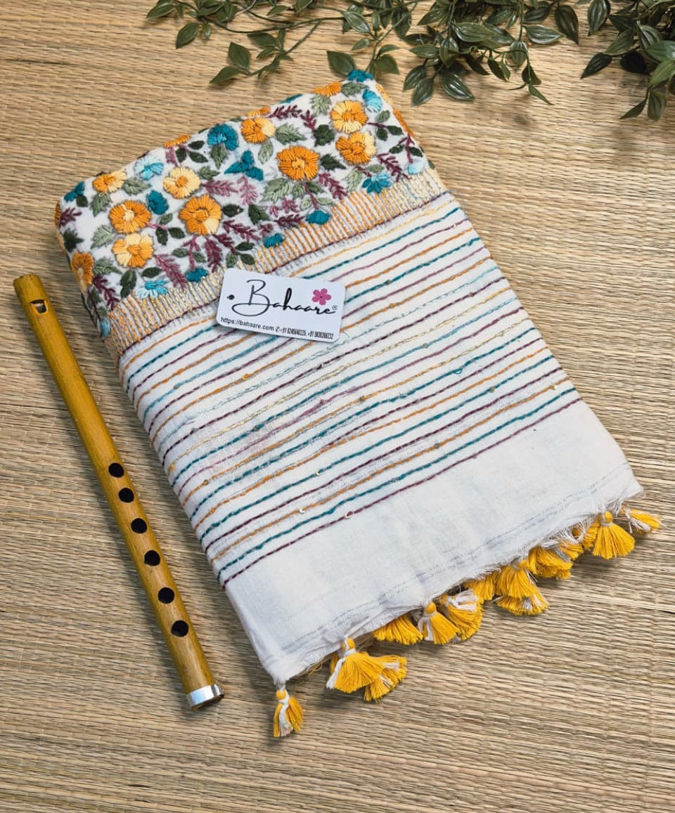 Woodland Whispers | Classic Ivory Linen Saree with Handcrafted Bullion Stich