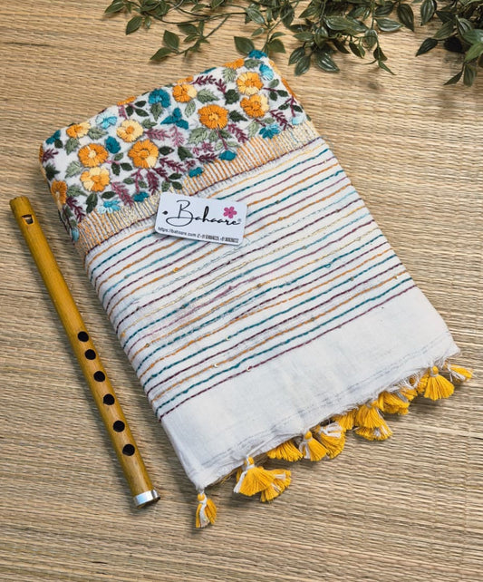 Woodland Whispers | Classic Ivory Linen Saree with Handcrafted Bullion Stich