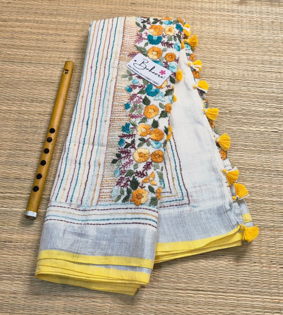 Woodland Whispers | Classic Ivory Linen Saree with Handcrafted Bullion Stich