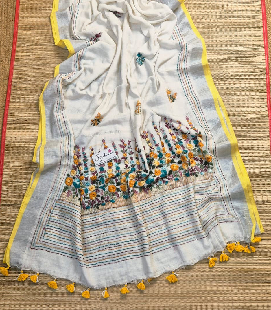 Woodland Whispers | Classic Ivory Linen Saree with Handcrafted Bullion Stich