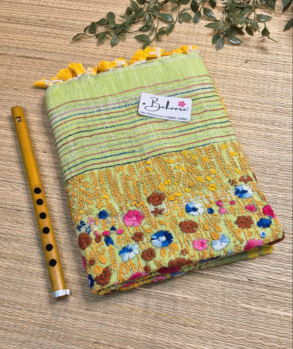 Woodland Whispers | Soft Lemon Green Linen Saree with Handcrafted Bullion Stich