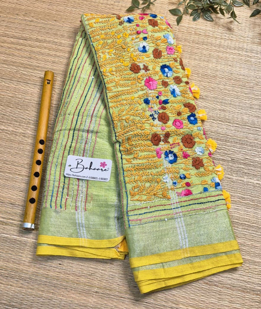 Woodland Whispers | Soft Lemon Green Linen Saree with Handcrafted Bullion Stich