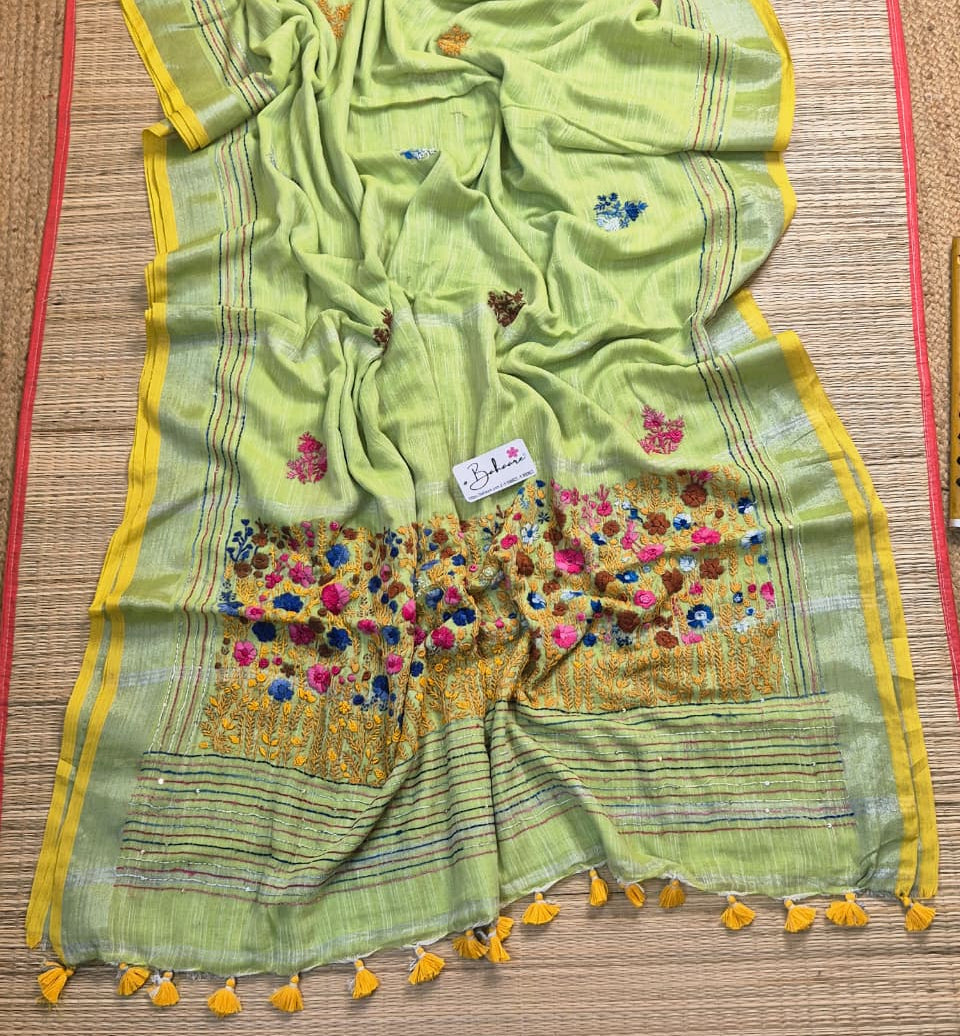 Woodland Whispers | Soft Lemon Green Linen Saree with Handcrafted Bullion Stich