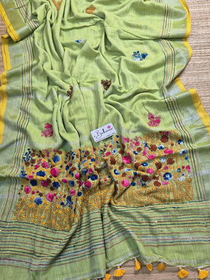 Woodland Whispers | Soft Lemon Green Linen Saree with Handcrafted Bullion Stich