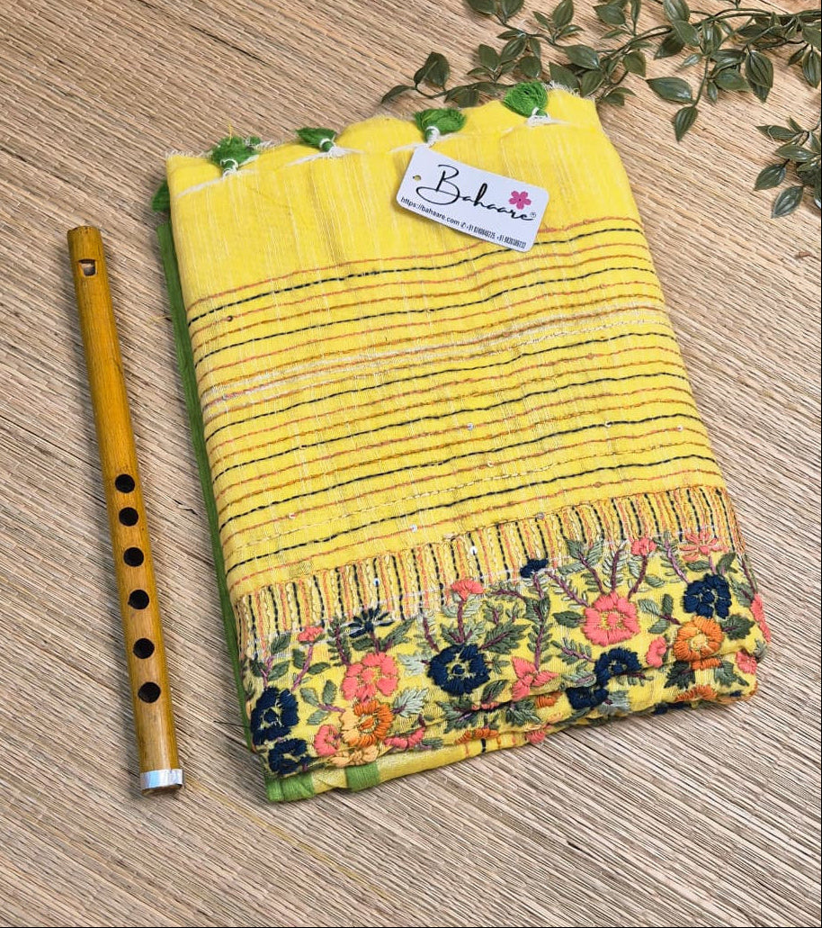 Woodland Whispers | Glow Yellow Linen Saree with Handcrafted Bullion Stich