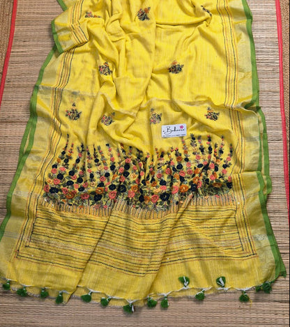 Woodland Whispers | Glow Yellow Linen Saree with Handcrafted Bullion Stich