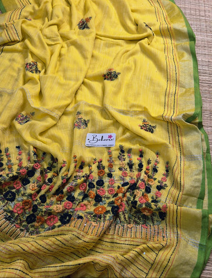 Woodland Whispers | Glow Yellow Linen Saree with Handcrafted Bullion Stich