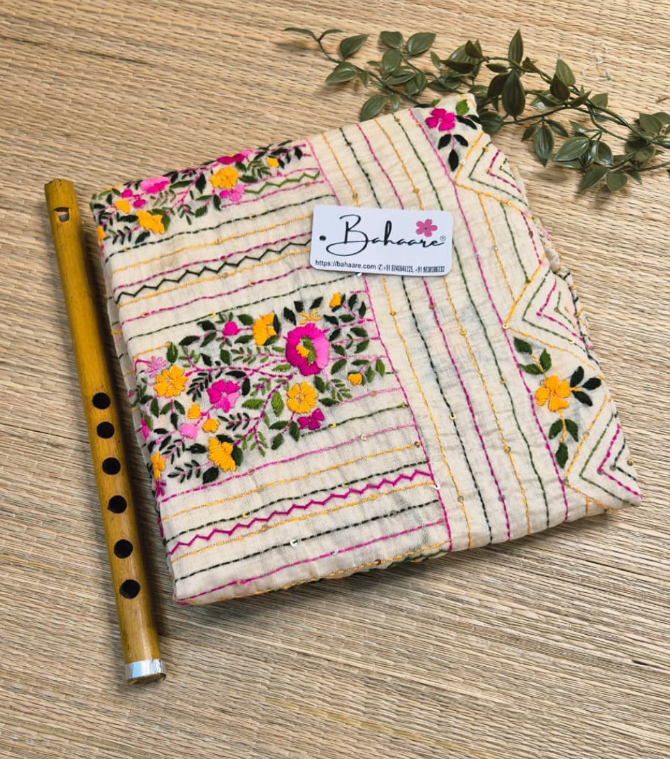 Utsav | Pearl Beige Chanderi Silk Saree with Handcrafted Bullion Stich