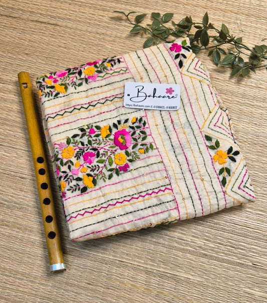 Utsav | Pearl Beige Chanderi Silk Saree with Handcrafted Bullion Stich