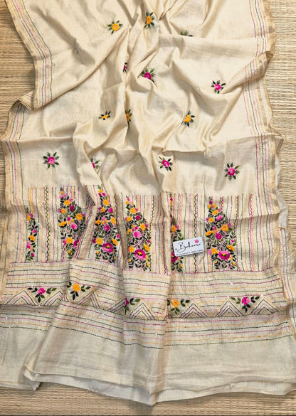 Utsav | Pearl Beige Chanderi Silk Saree with Handcrafted Bullion Stich