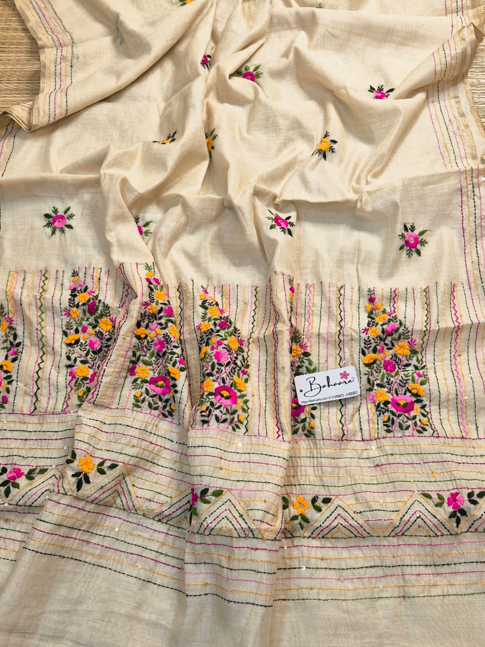 Utsav | Pearl Beige Chanderi Silk Saree with Handcrafted Bullion Stich