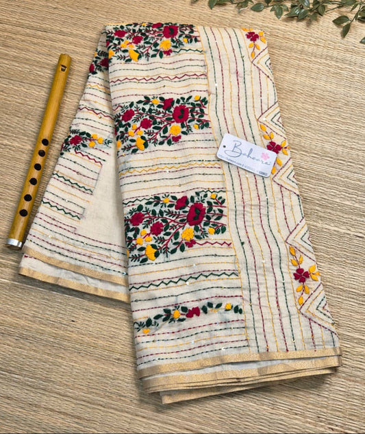 Utsav | Warm Beige Chanderi Silk Saree with Handcrafted Bullion Stich