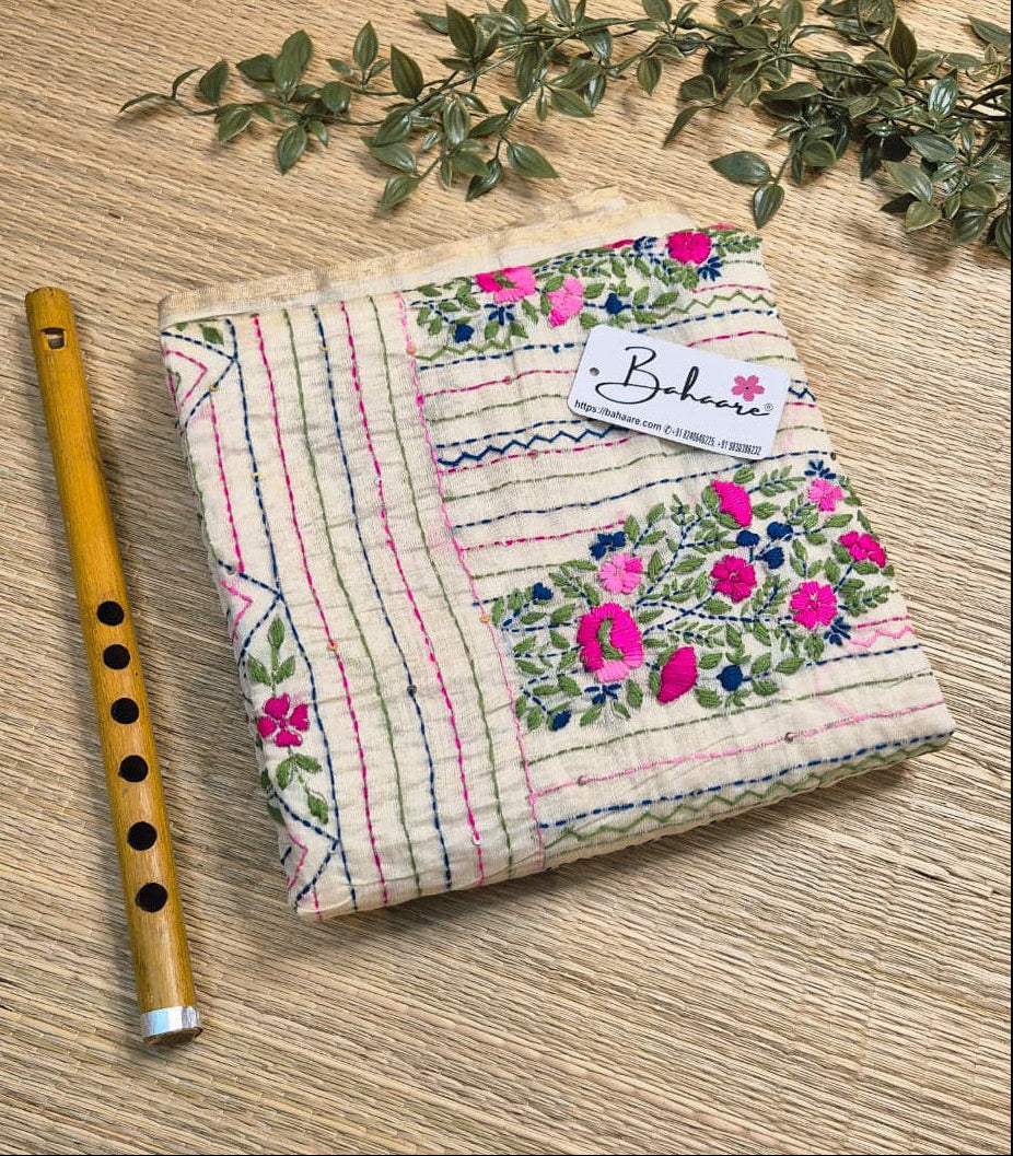 Utsav | Cream Beige Chanderi Silk Saree with Handcrafted Bullion Stich