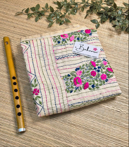 Utsav | Cream Beige Chanderi Silk Saree with Handcrafted Bullion Stich