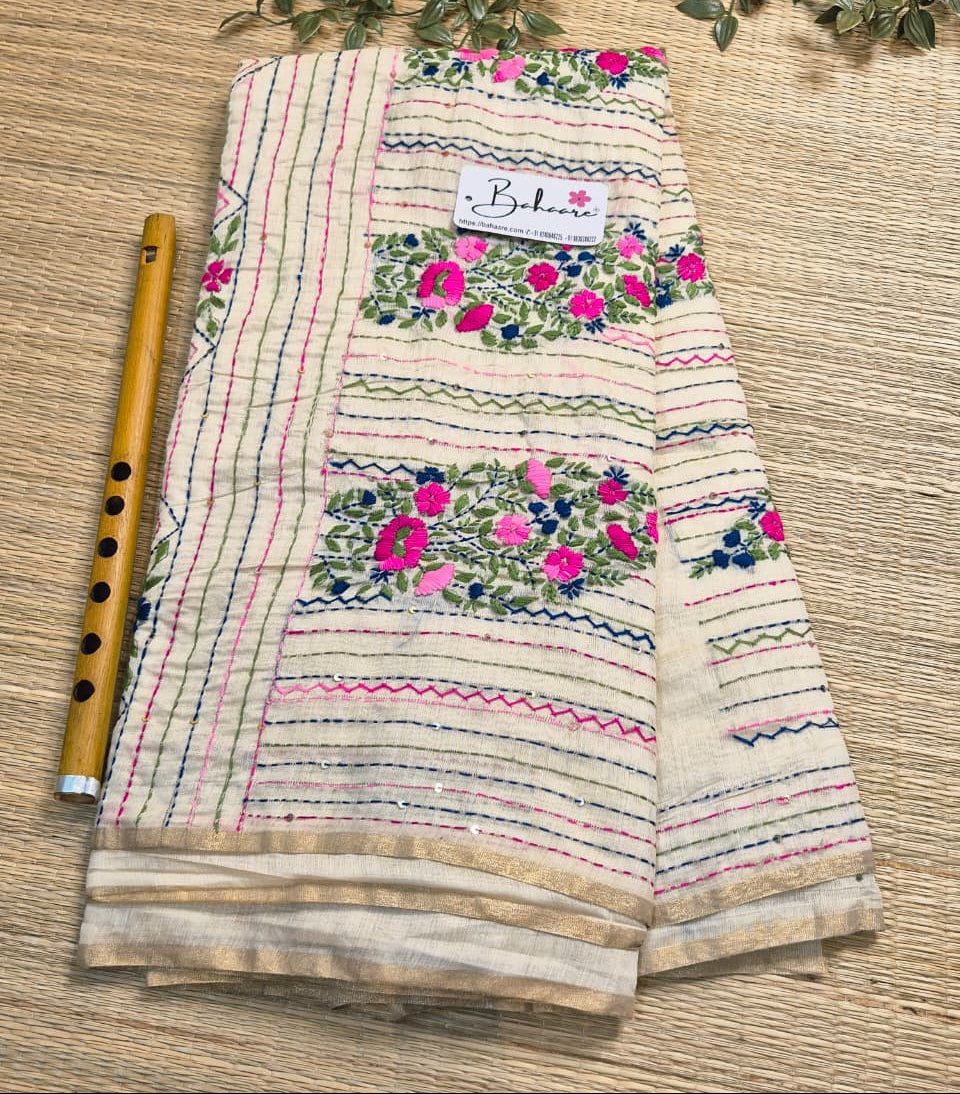 Utsav | Cream Beige Chanderi Silk Saree with Handcrafted Bullion Stich