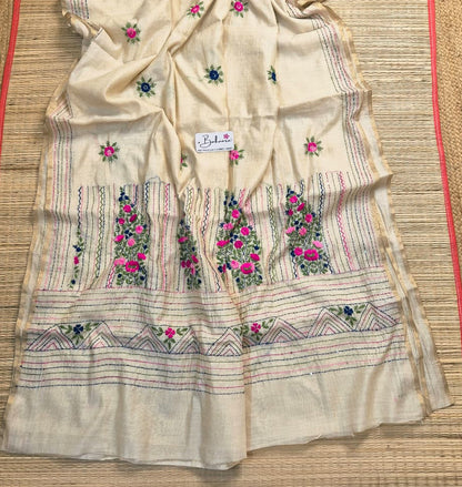 Utsav | Cream Beige Chanderi Silk Saree with Handcrafted Bullion Stich