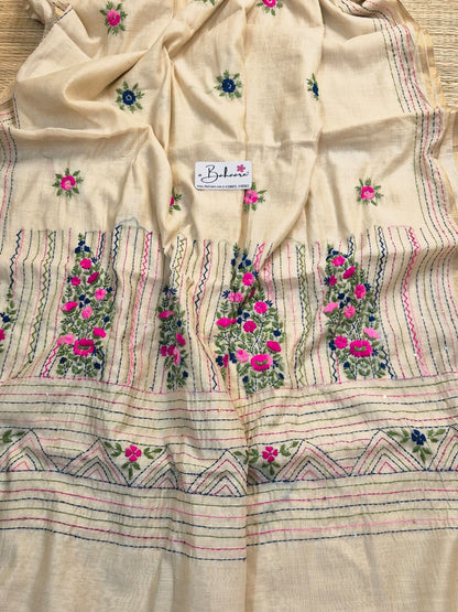 Utsav | Cream Beige Chanderi Silk Saree with Handcrafted Bullion Stich