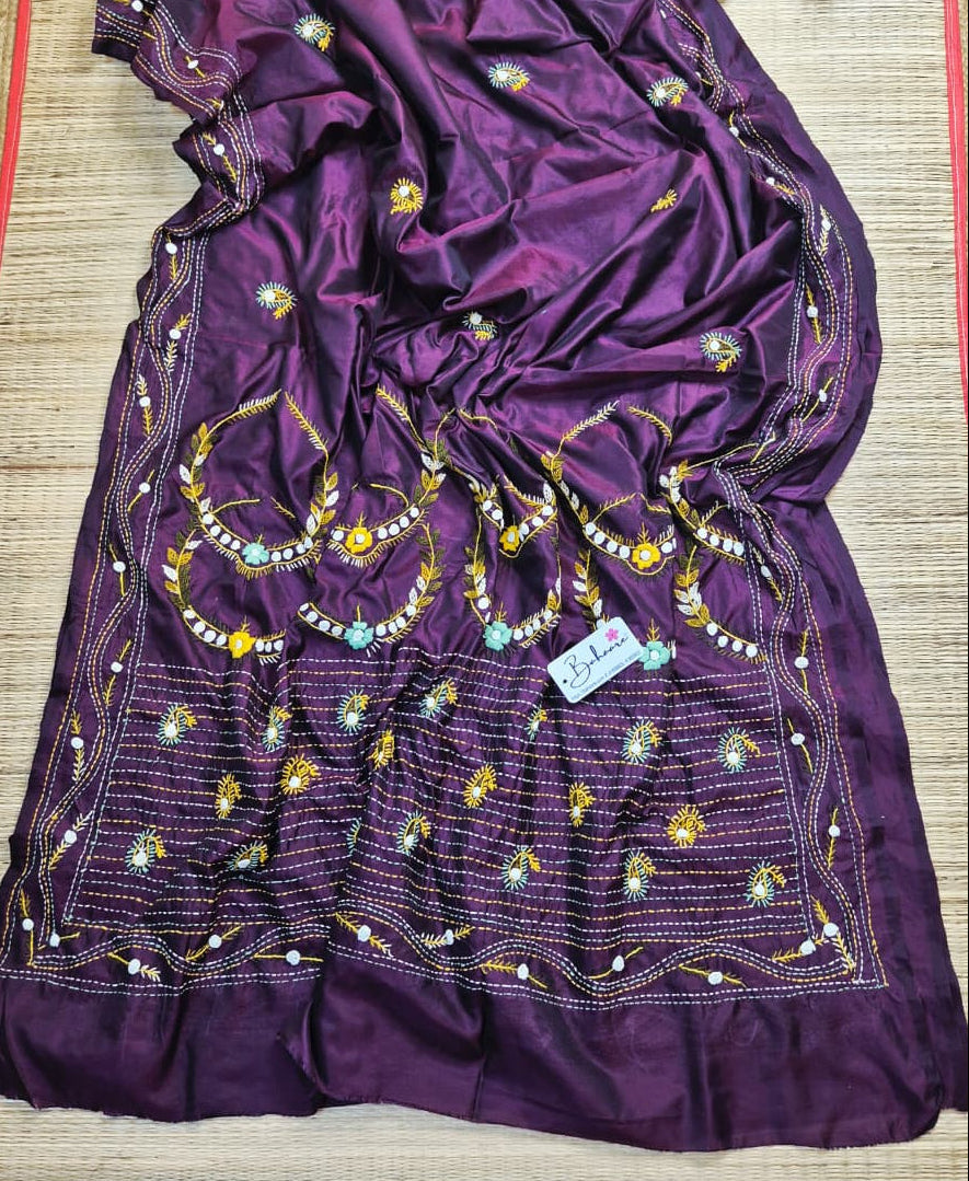 Utsav | Magenta Wine Dual Shade Art Silk Saree with Handcrafted Bullion Stich